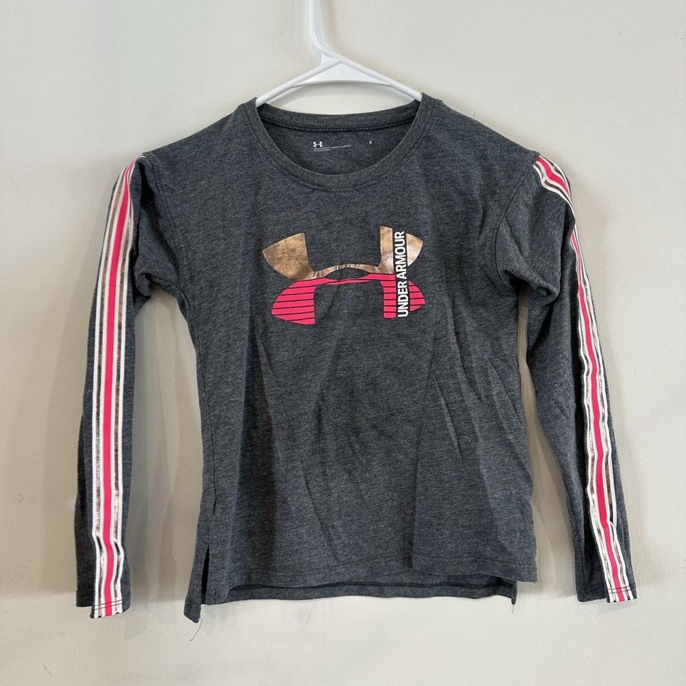 Under‎ Armour Girls 6 Gray Long Sleeve Shirt Pink Stripe Sleeve Logo